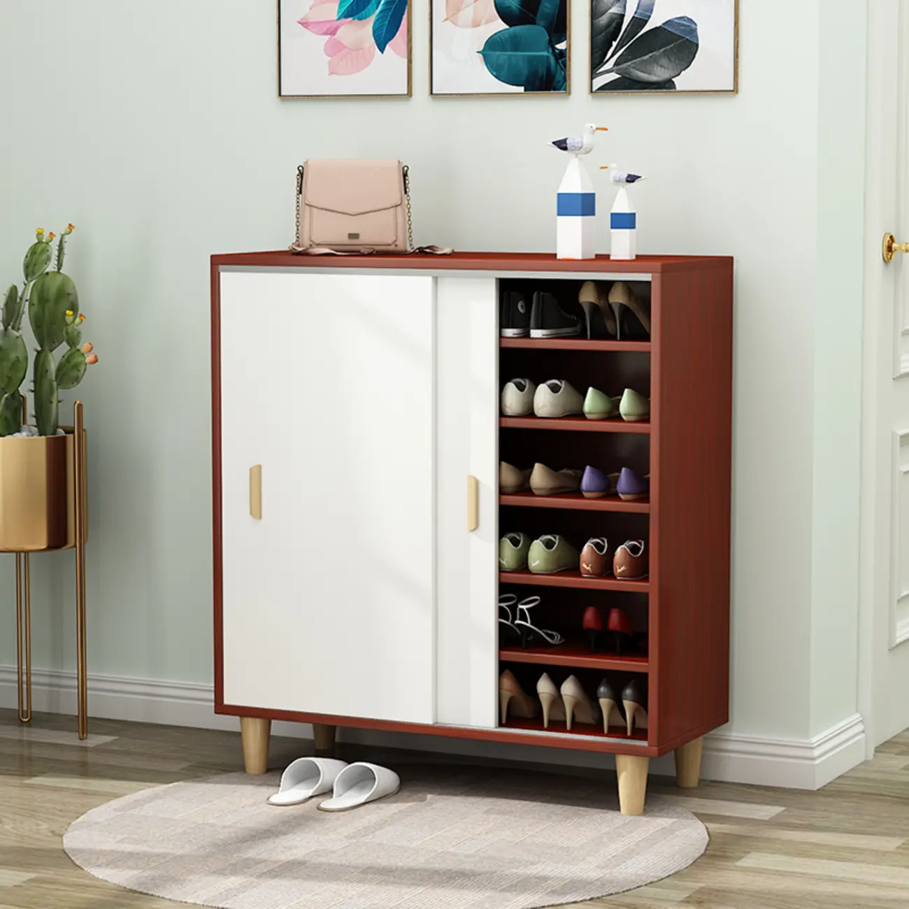 Freestanding Spacious Sliding Door 6-Tier Wood Shoe Cabinet Image - 5 | homeyfad
