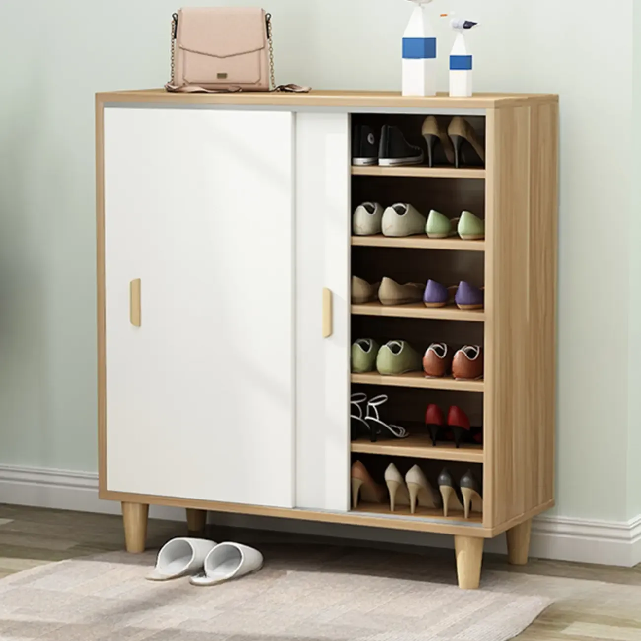 Freestanding Spacious Sliding Door 6-Tier Wood Shoe Cabinet Image - 4