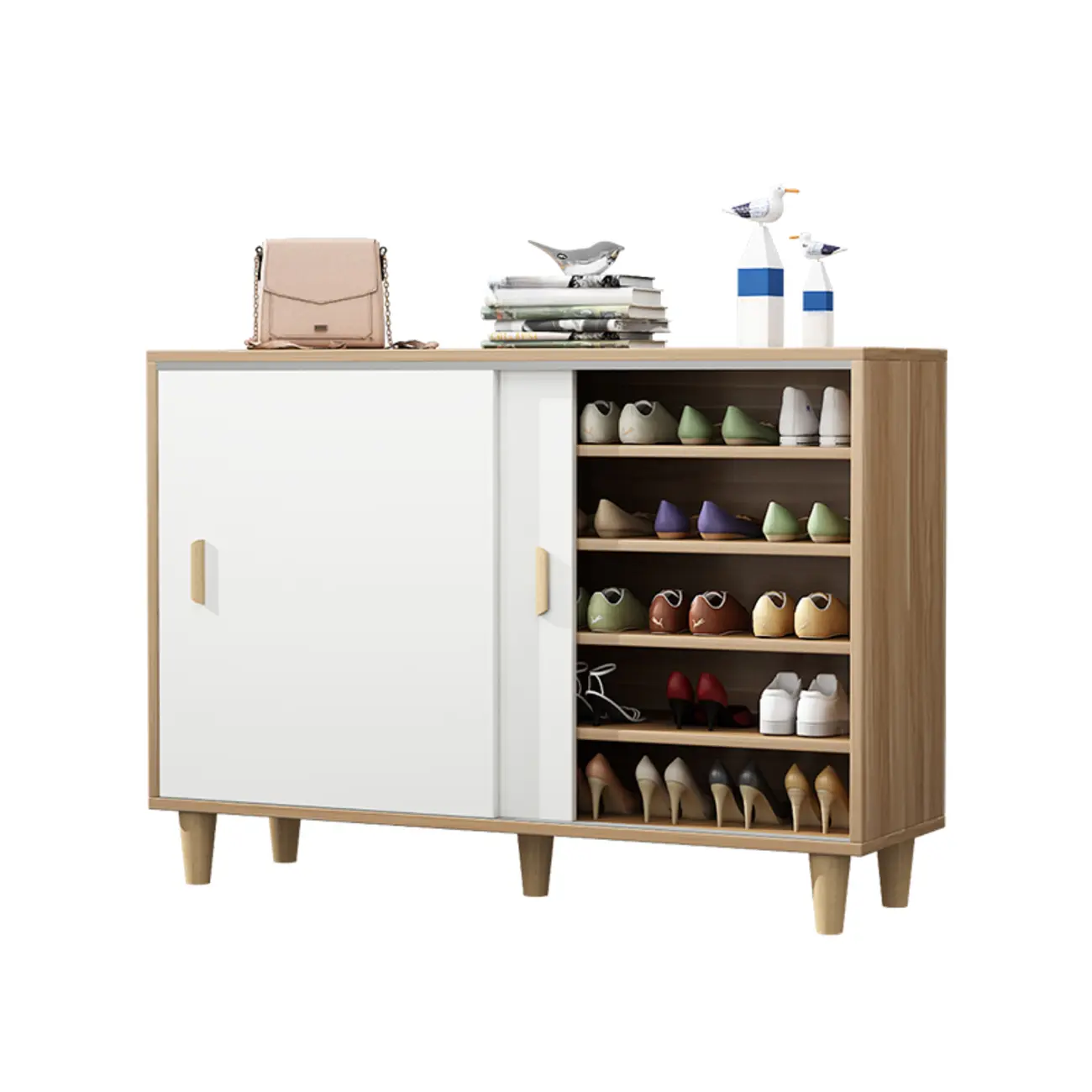 Freestanding Spacious Sliding Door 6-Tier Wood Shoe Cabinet Image - 21 | homeyfad