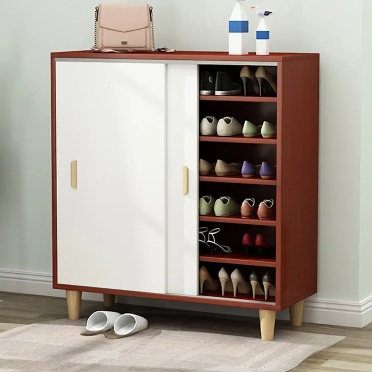 Freestanding Spacious Sliding Door 6-Tier Wood Shoe Cabinet Image - 9