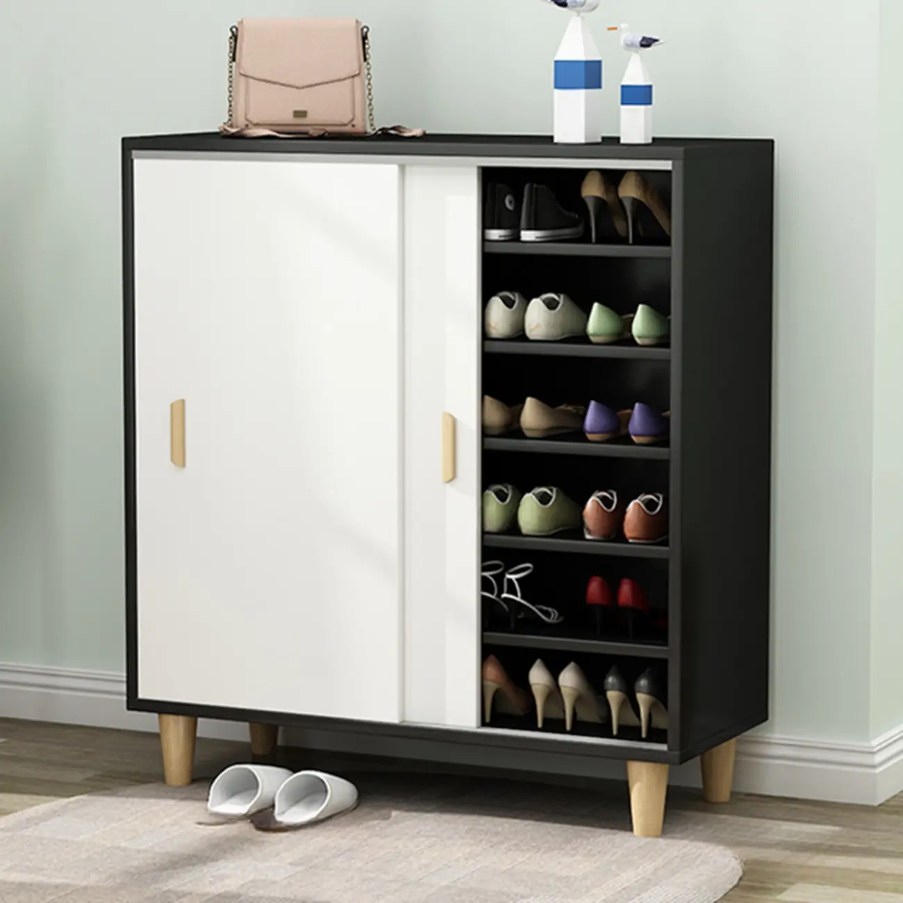 Freestanding Spacious Sliding Door 6-Tier Wood Shoe Cabinet Image - 10 | homeyfad