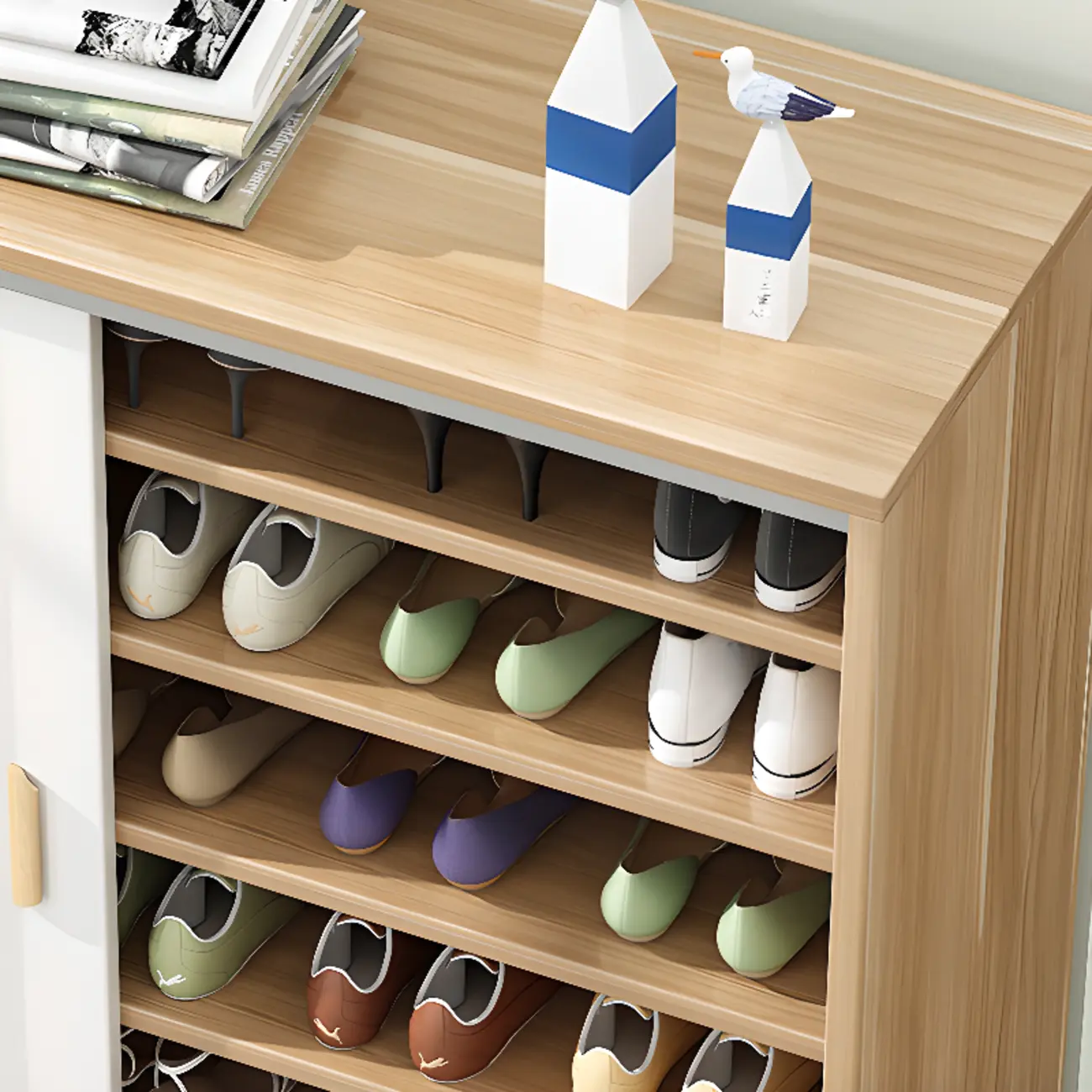 Freestanding Spacious Sliding Door 6-Tier Wood Shoe Cabinet Image - 11 | homeyfad