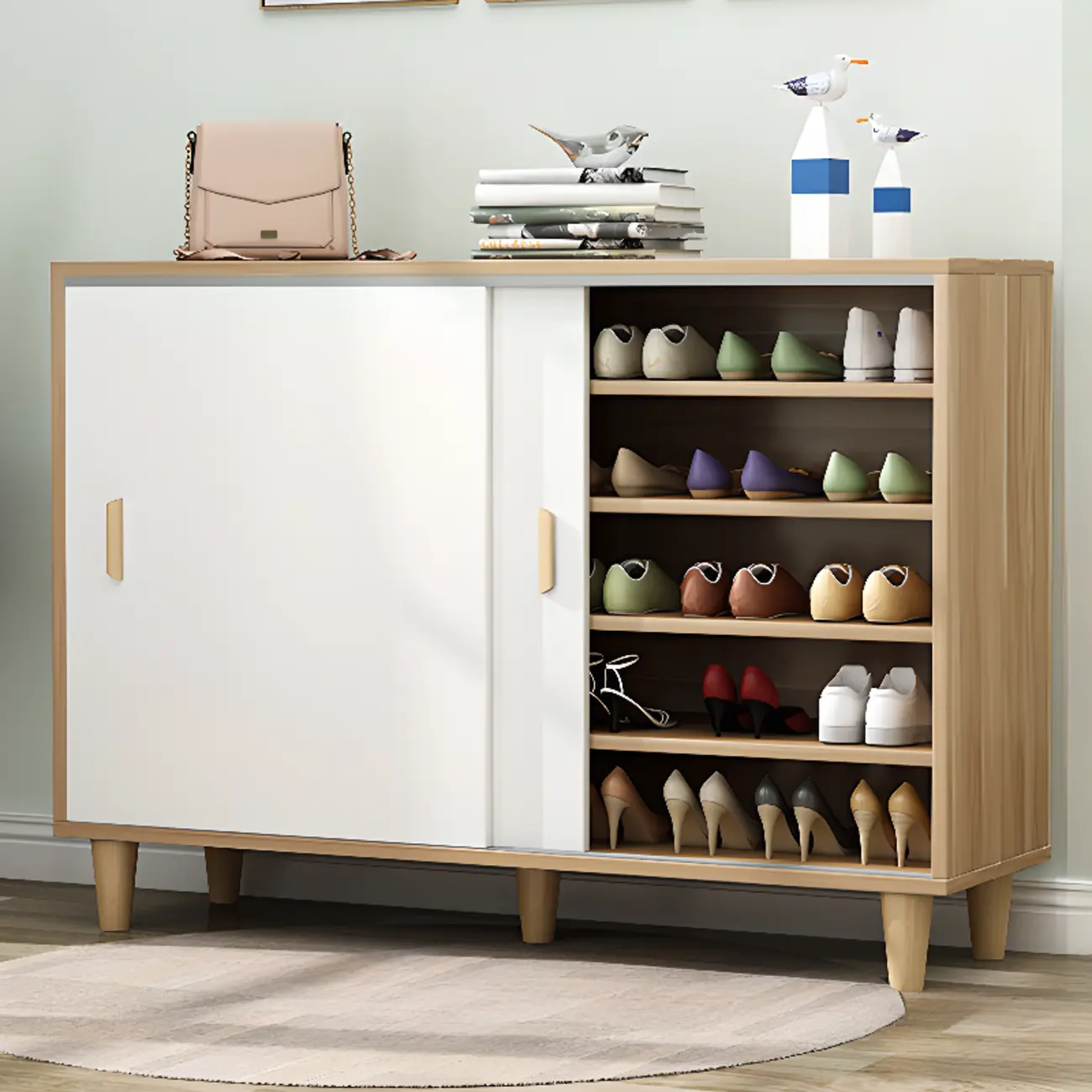 Freestanding Spacious Sliding Door 6-Tier Wood Shoe Cabinet Image - 12 | homeyfad