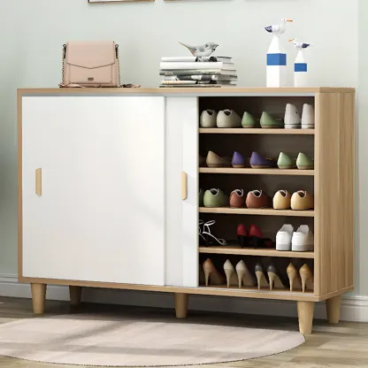 Freestanding Spacious Sliding Door 6-Tier Wood Shoe Cabinet Image - 12