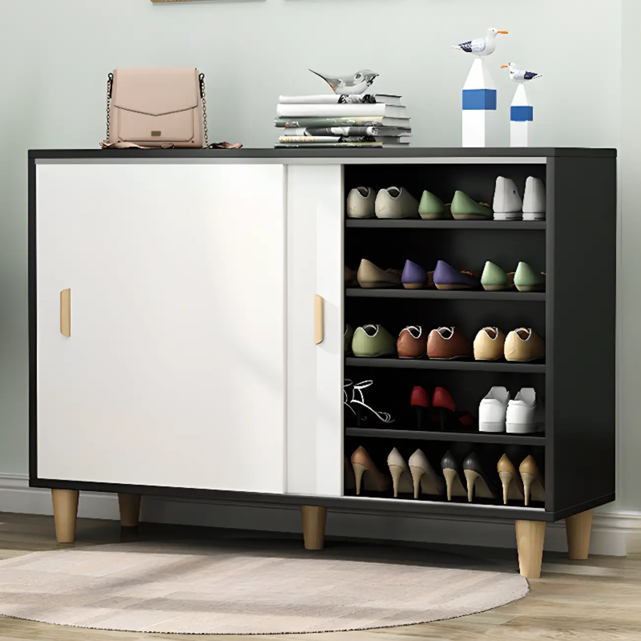 Freestanding Spacious Sliding Door 6-Tier Wood Shoe Cabinet Image - 17 | homeyfad