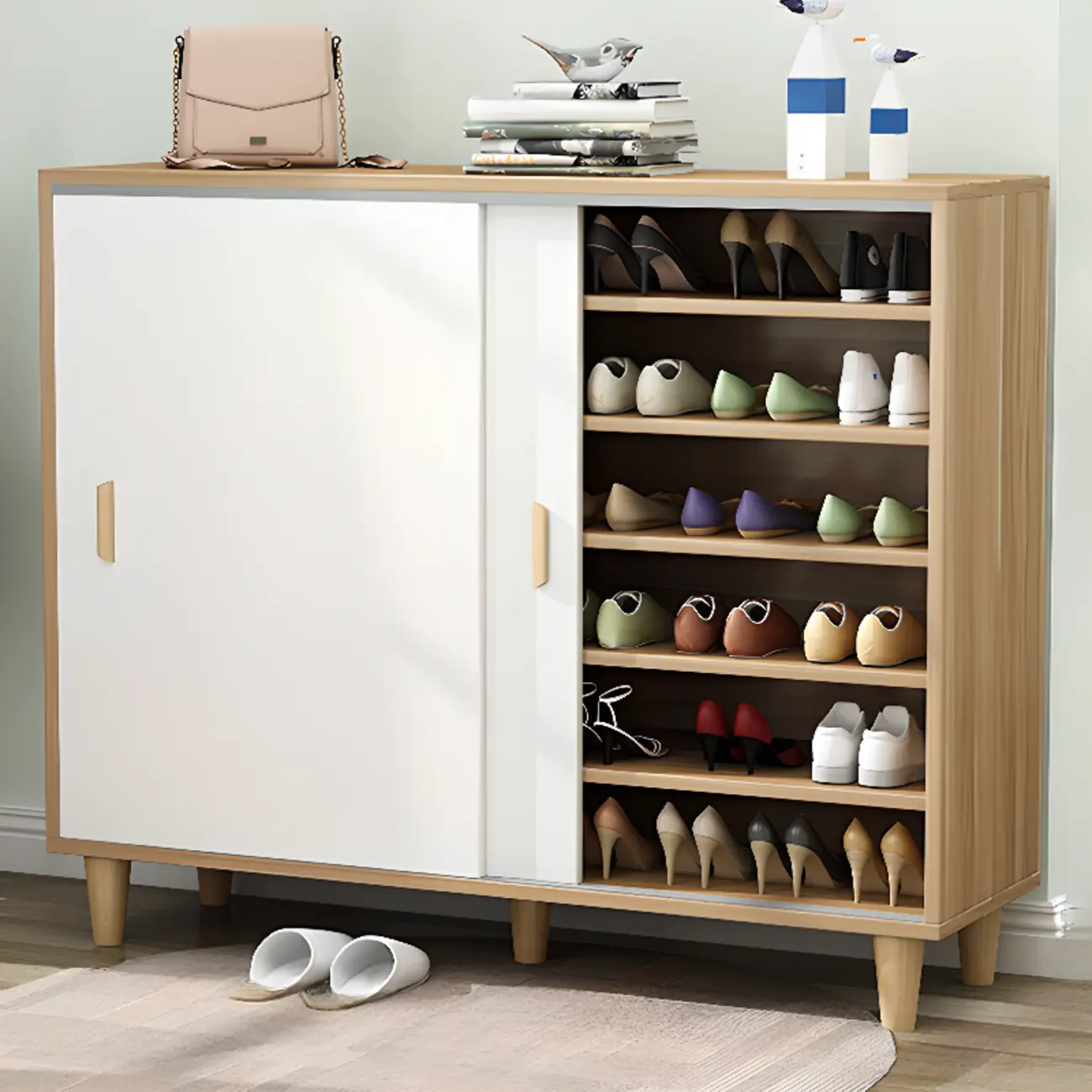 Freestanding Spacious Sliding Door 6-Tier Wood Shoe Cabinet Image - 18 | homeyfad