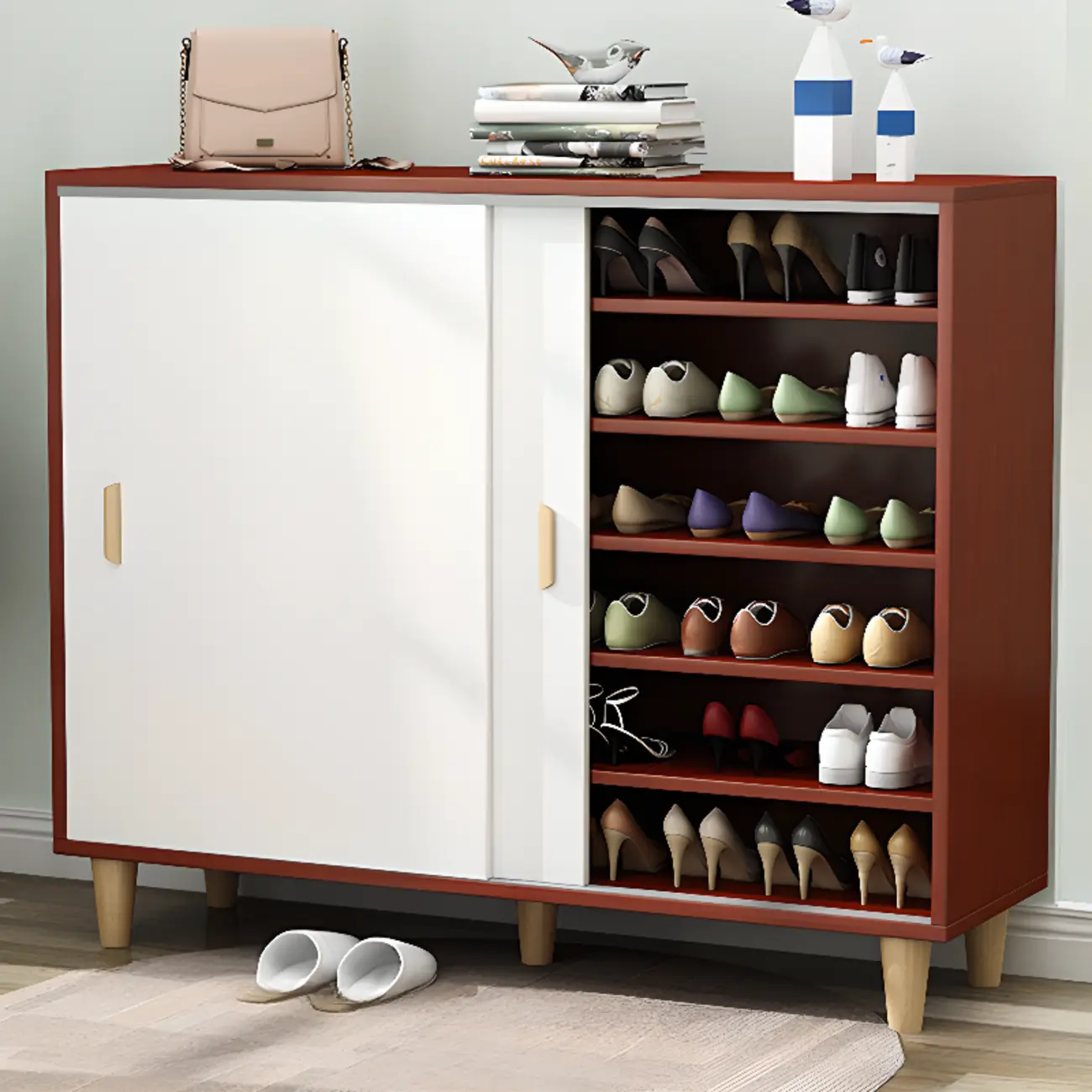 Freestanding Spacious Sliding Door 6-Tier Wood Shoe Cabinet Image - 19 | homeyfad