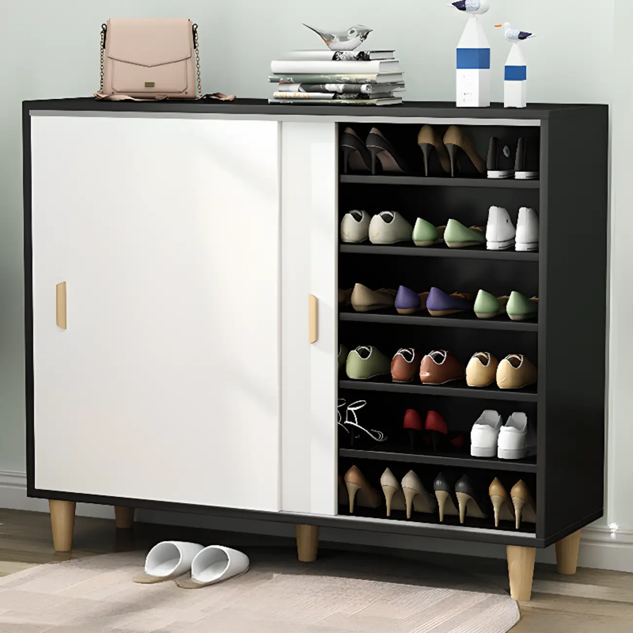 Freestanding Spacious Sliding Door 6-Tier Wood Shoe Cabinet Image - 20 | homeyfad