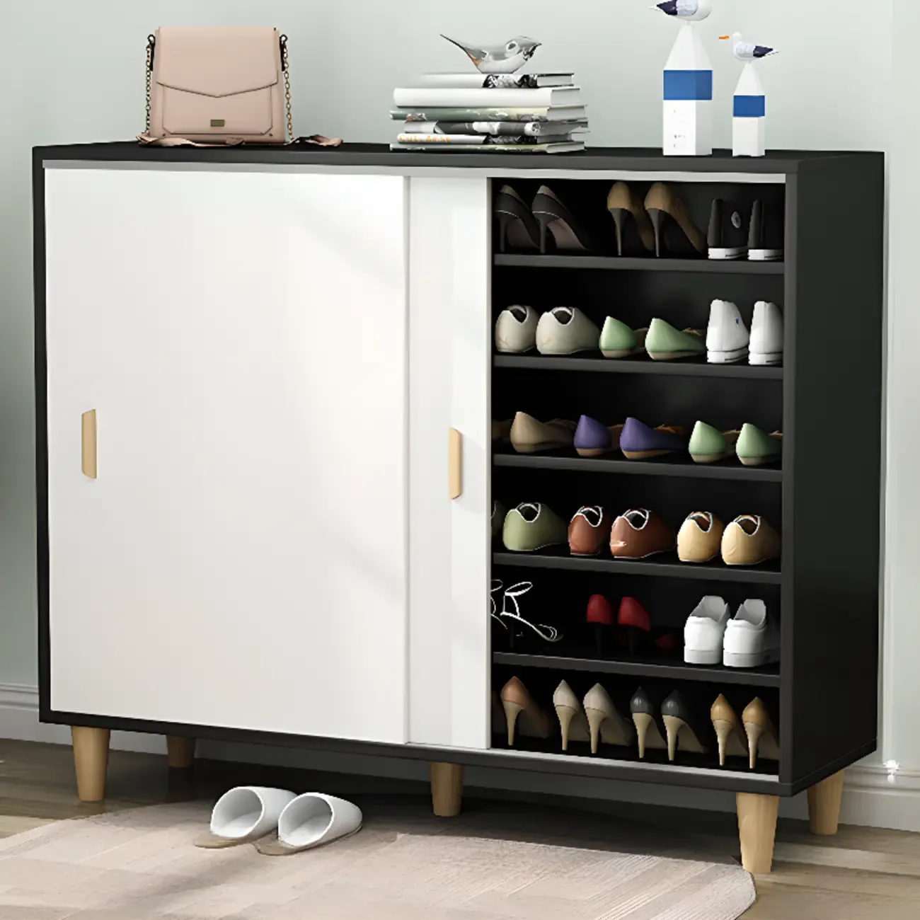 Freestanding Spacious Sliding Door 6-Tier Wood Shoe Cabinet Image - 20
