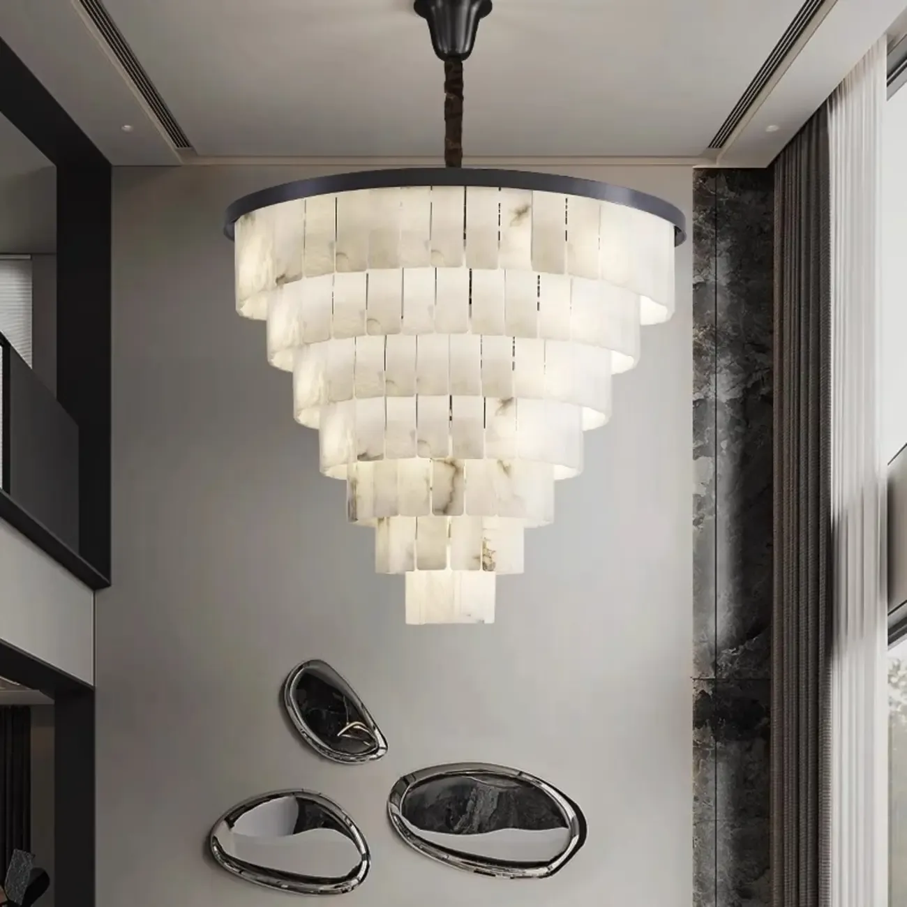 White Stone Geometric Tiered Crystal Chain Chandelier Image - 2