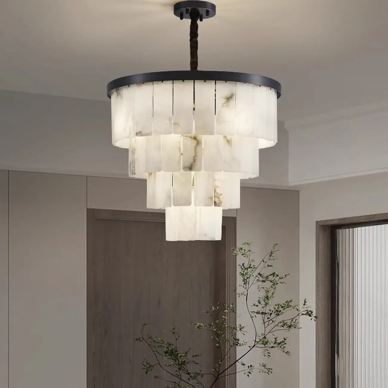 White Stone Geometric Tiered Crystal Chain Chandelier Image - 1