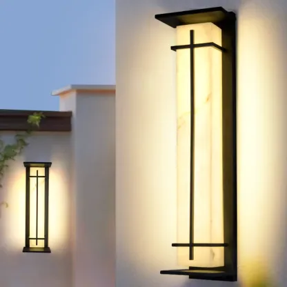 Outdoor Black Cylinder Steel & Stone LED Wall Sconce Image - 2
