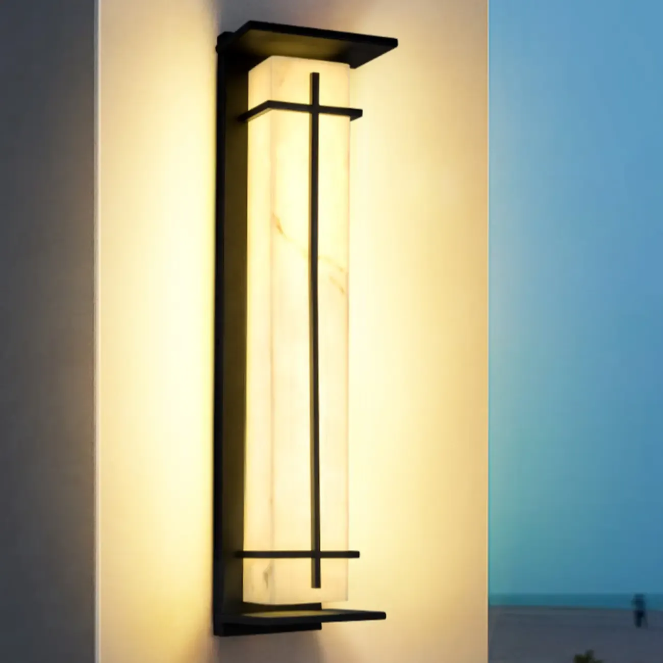 Outdoor Black Cylinder Steel & Stone LED Wall Sconce Image - 3