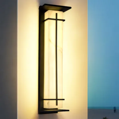 Outdoor Black Cylinder Steel & Stone LED Wall Sconce Image - 3