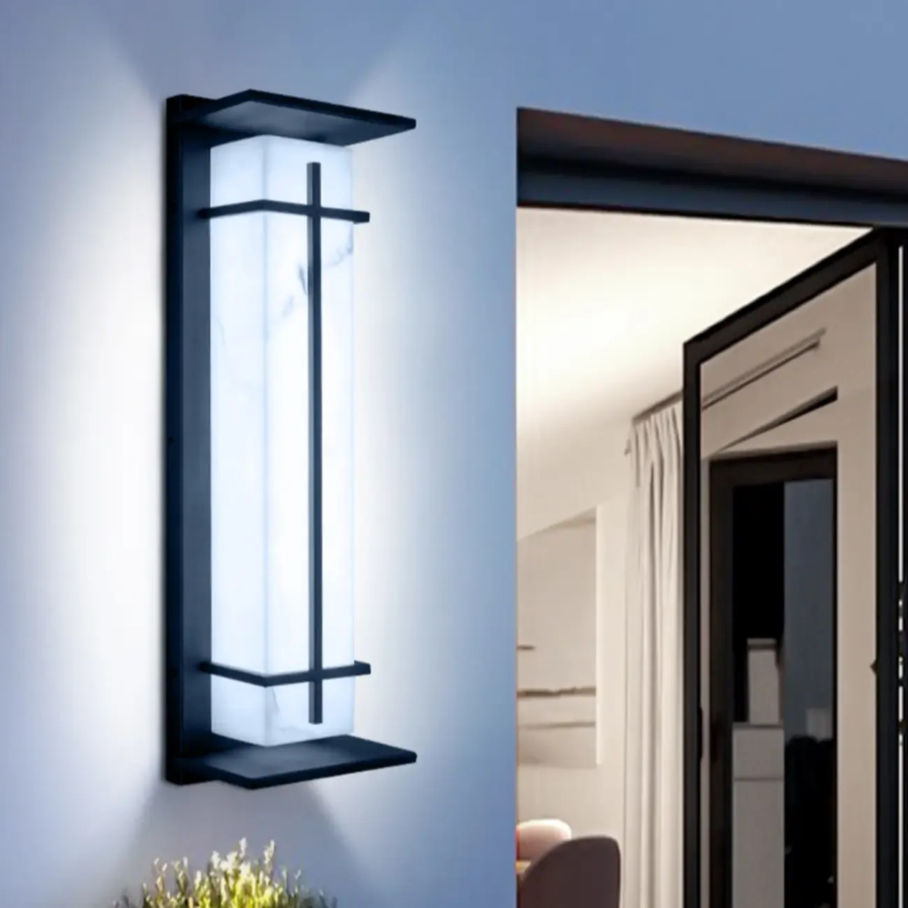 Outdoor Black Cylinder Steel & Stone LED Wall Sconce Image - 4