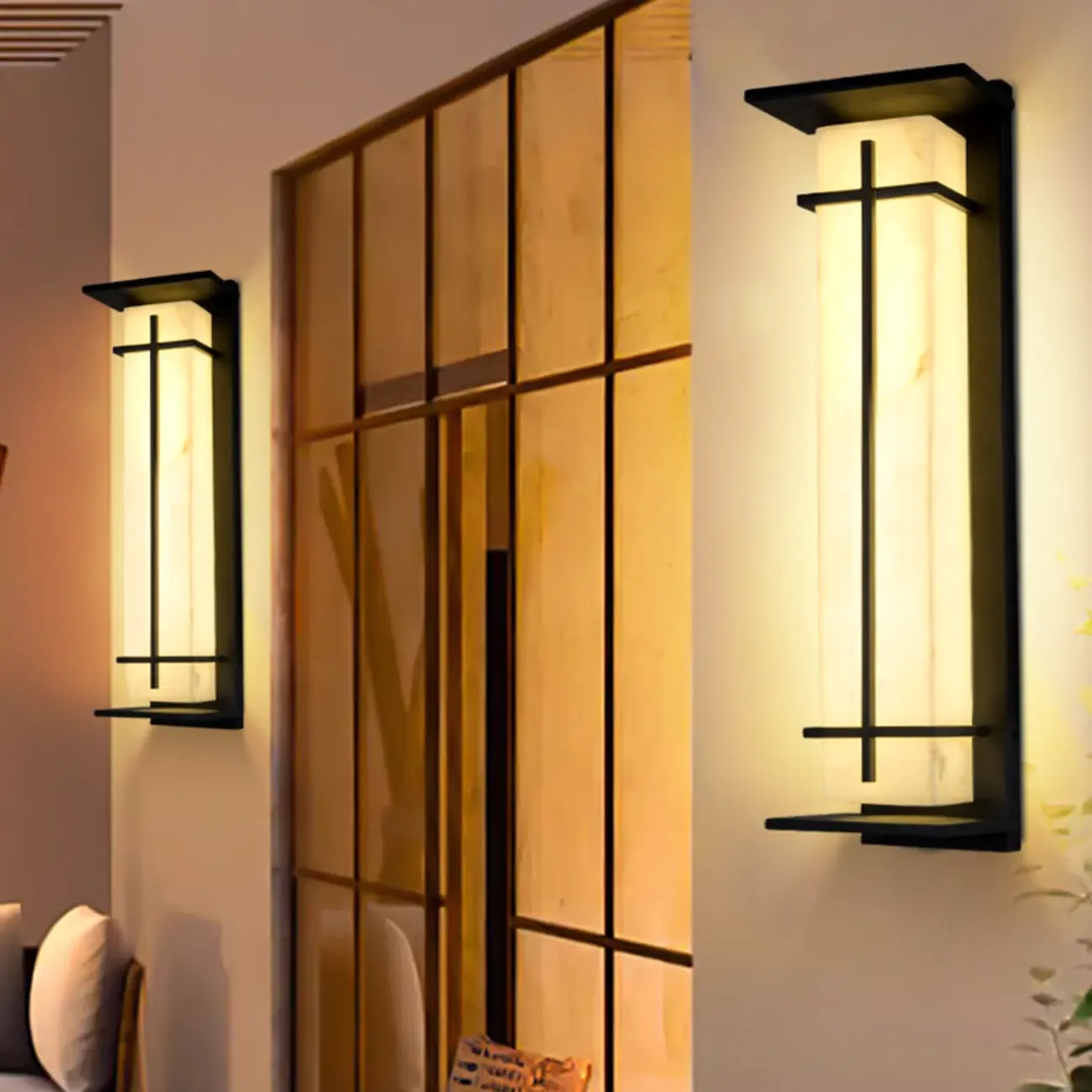 Outdoor Black Cylinder Steel & Stone LED Wall Sconce Image - 1
