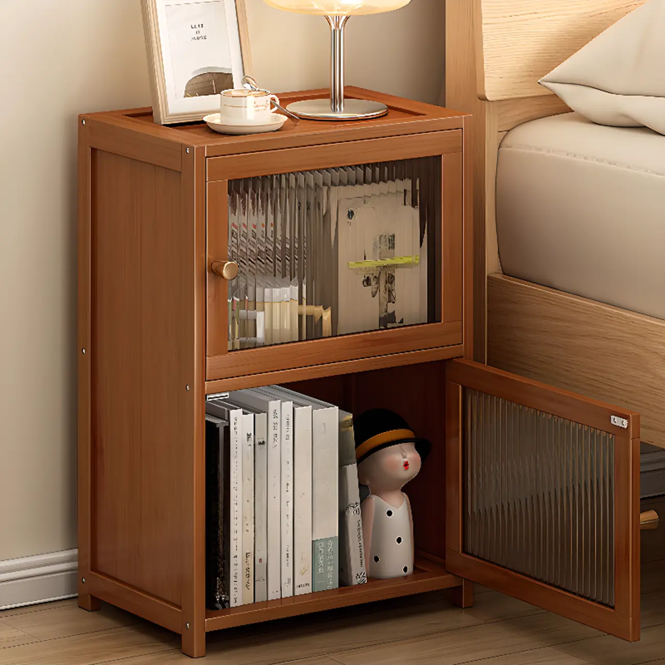 Wooden Storage Bedside Cabinet with 2 Shelves Nightstand Image - 3 | homeyfad