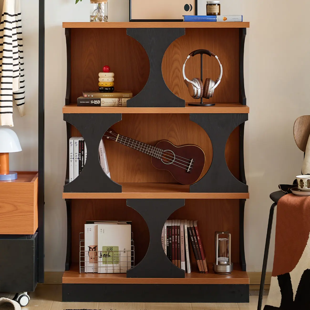 3-Tiers Geometric Modern Rectangular Wood Bookcase Black Image - 6 | homeyfad