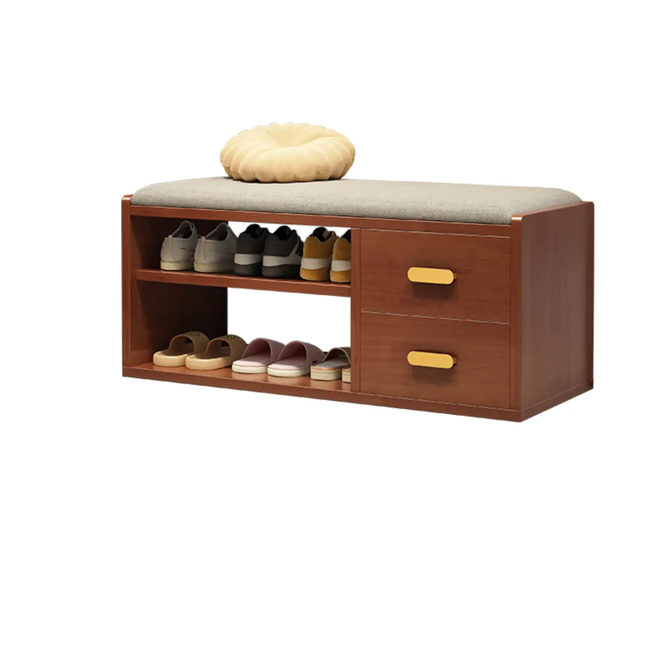 Nordic Cushioned Wooden 2 Drawers Storage Entryway Bench Image - 5 | homeyfad