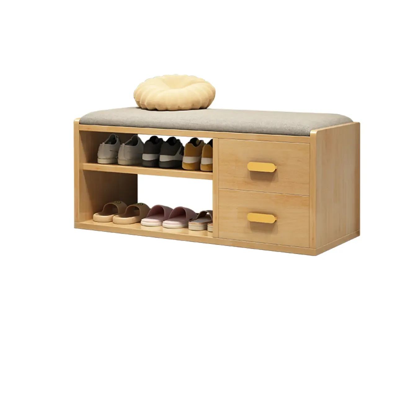 Nordic Cushioned Wooden 2 Drawers Storage Entryway Bench Image - 7