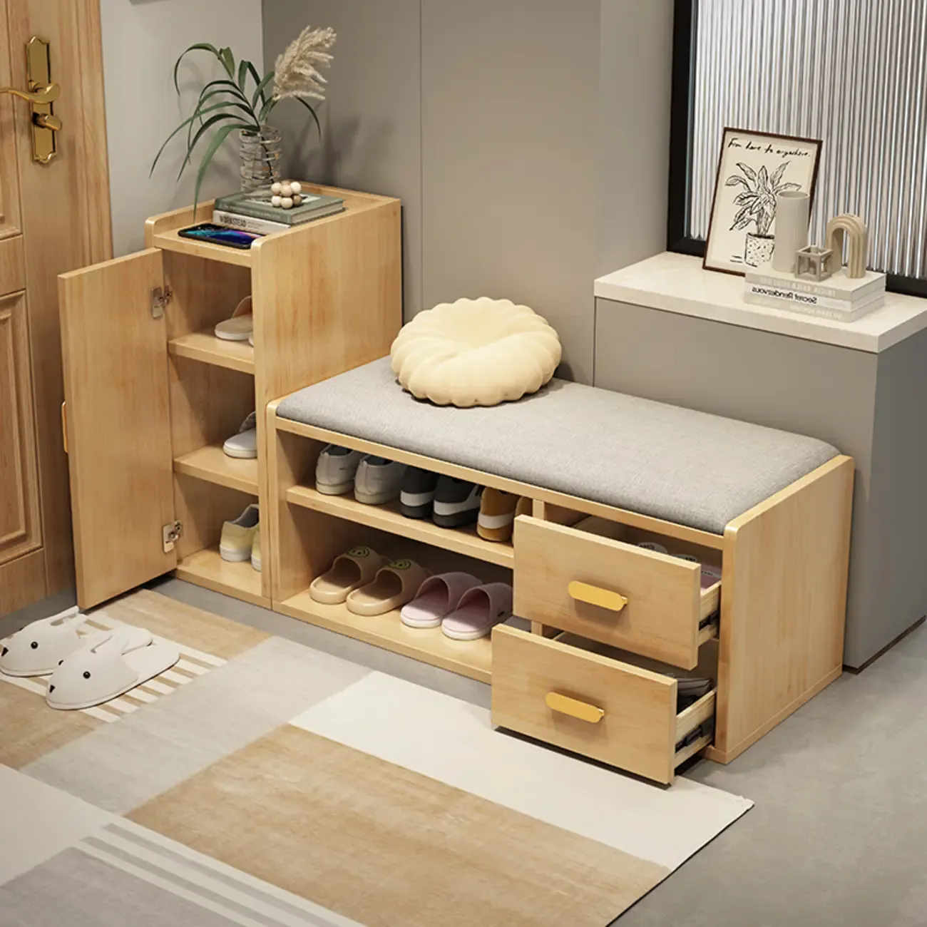 Nordic Cushioned Wooden 2 Drawers Storage Entryway Bench Image - 2