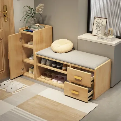 Nordic Cushioned Wooden 2 Drawers Storage Entryway Bench Image - 2