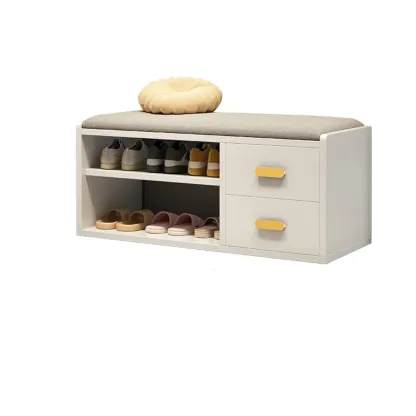 Nordic Cushioned Wooden 2 Drawers Storage Entryway Bench Image - 9