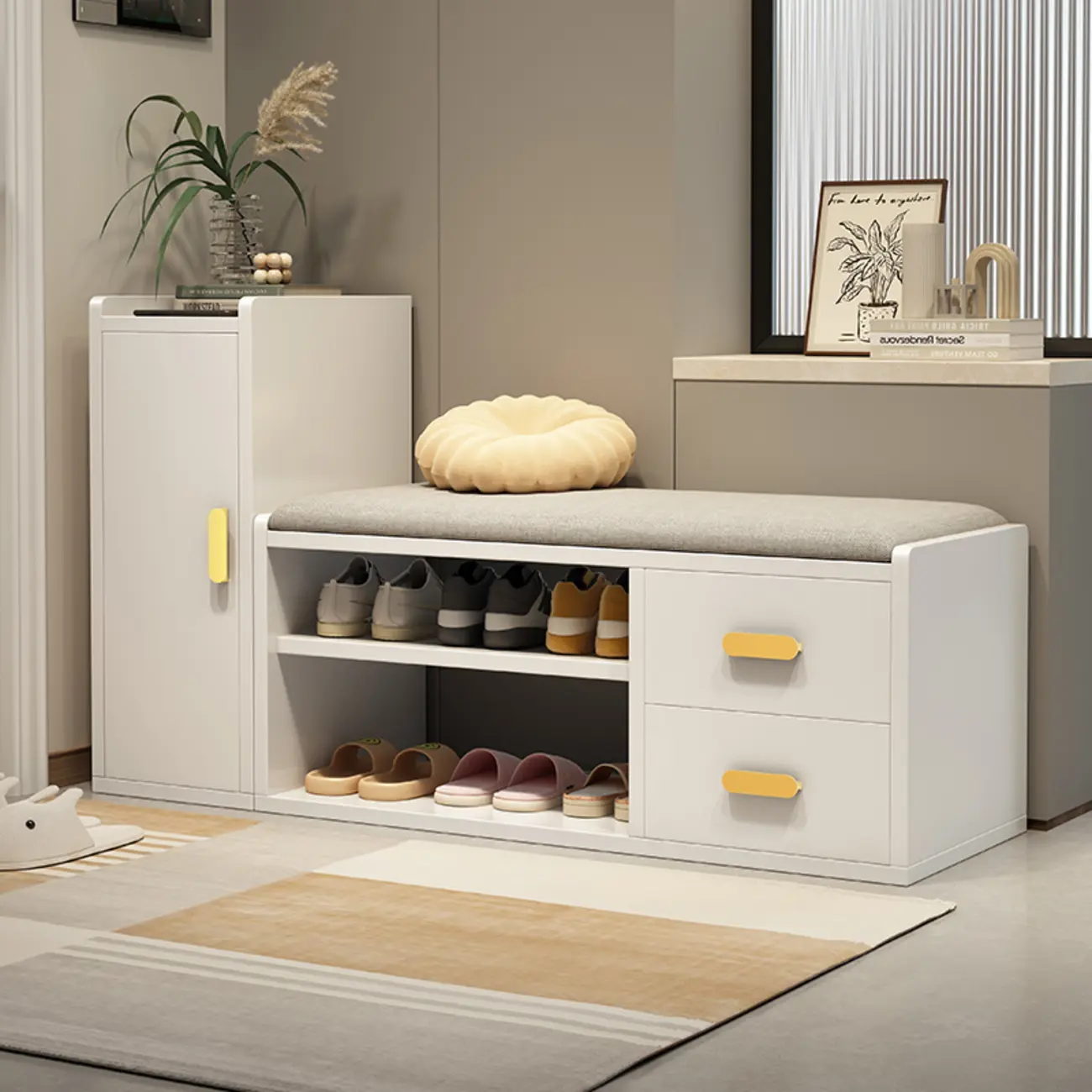 Nordic Cushioned Wooden 2 Drawers Storage Entryway Bench Image - 8 | homeyfad