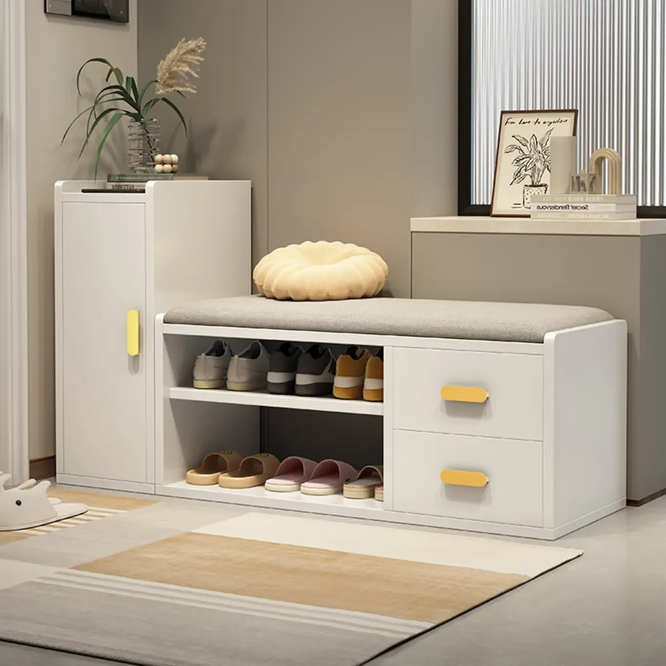 Nordic Cushioned Wooden 2 Drawers Storage Entryway Bench Image - 8