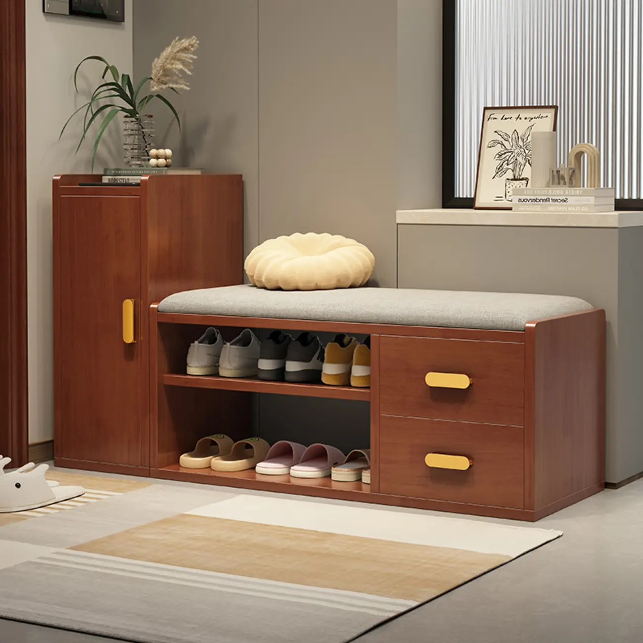 Nordic Cushioned Wooden 2 Drawers Storage Entryway Bench Image - 4 | homeyfad