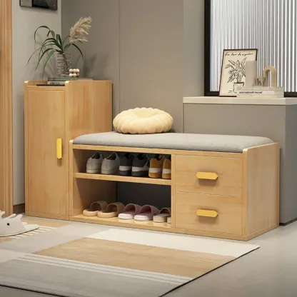Nordic Cushioned Wooden 2 Drawers Storage Entryway Bench Image - 6