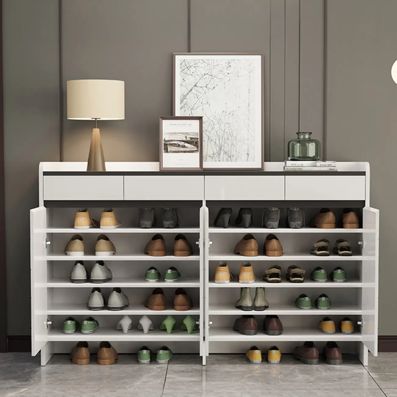 Sturdy Modern White Faux Wood Shoe Cabinet with Drawers Image - 1 | homeyfad