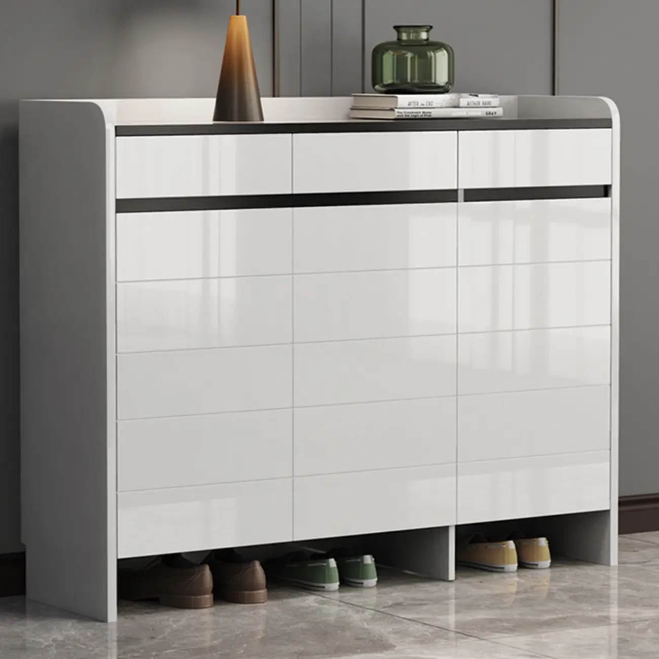 Sturdy Modern White Faux Wood Shoe Cabinet with Drawers Image - 3 | homeyfad