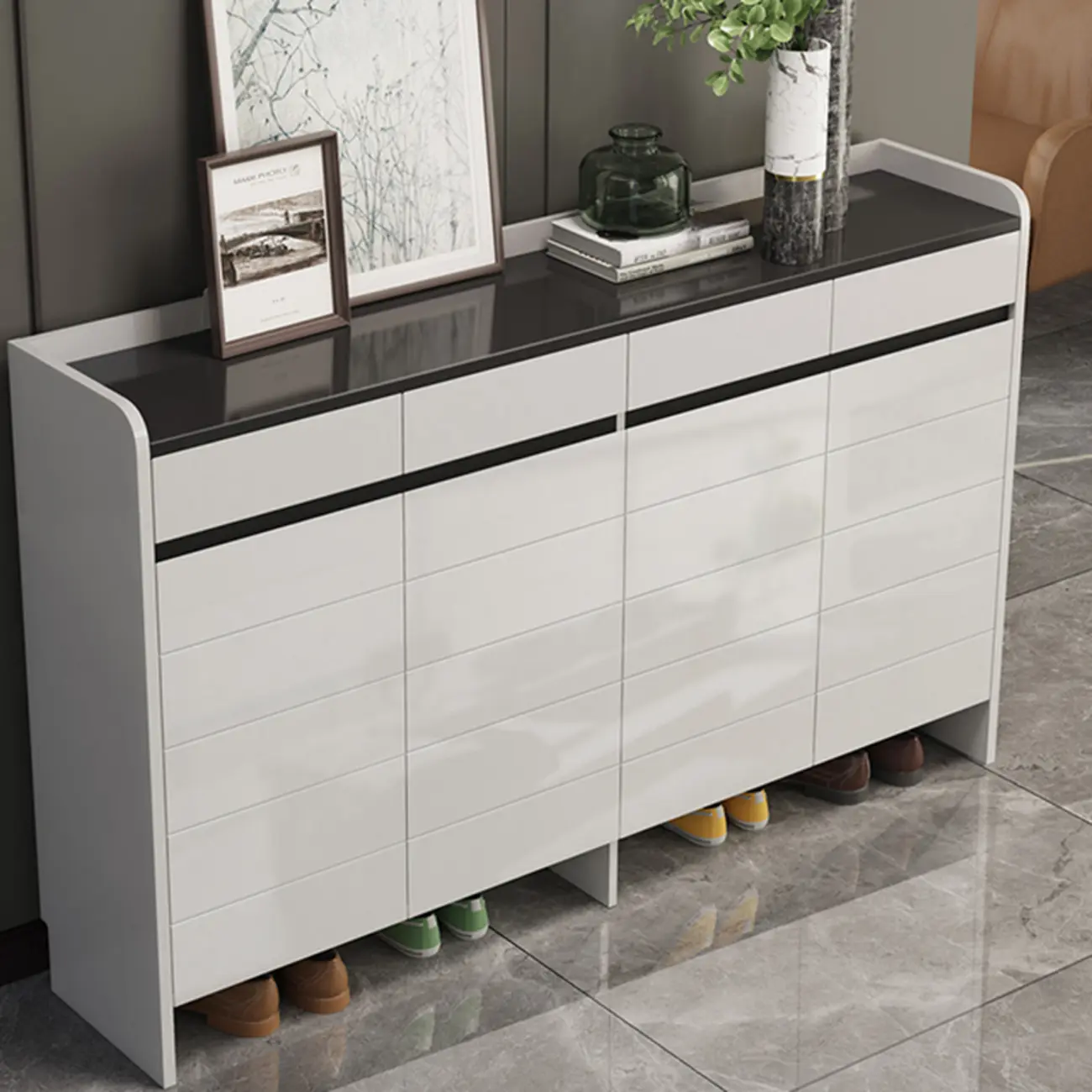 Sturdy Modern White Faux Wood Shoe Cabinet with Drawers Image - 5 | homeyfad