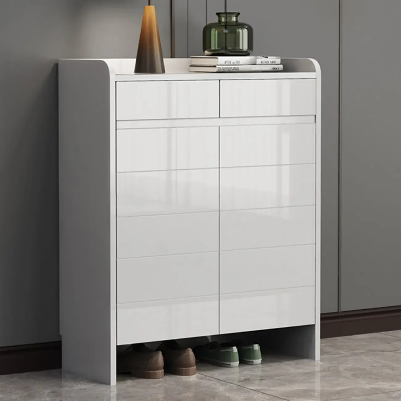 Sturdy Modern White Faux Wood Shoe Cabinet with Drawers Image - 9