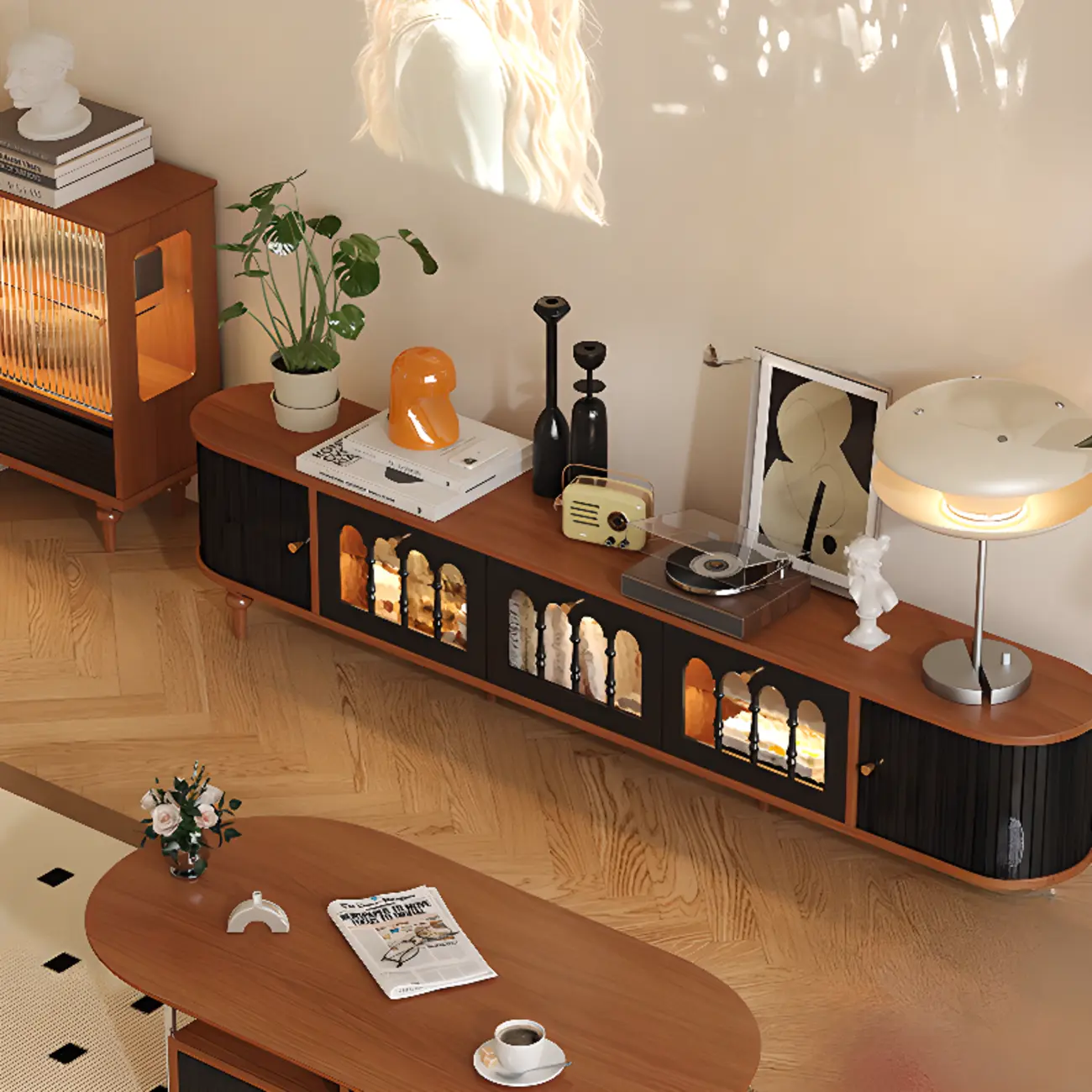 Warm Shaker Wood TV Stand with Cable Management & Light & 4-Cabinet/5 Cabinets/6 Cabinets | homeyfad