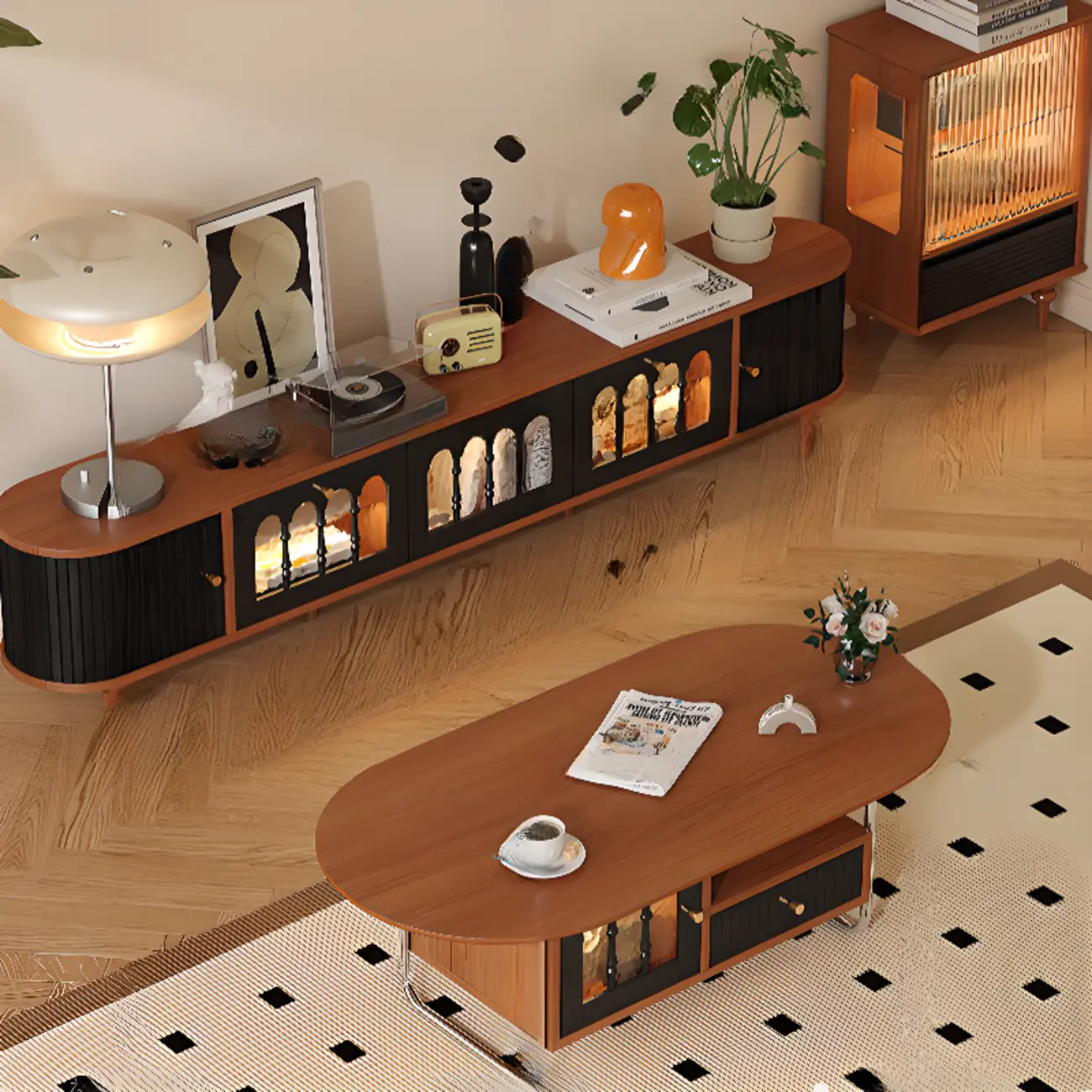 Warm Shaker Wood TV Stand with Cable Management & Light & 4-Cabinet/5 Cabinets/6 Cabinets | homeyfad