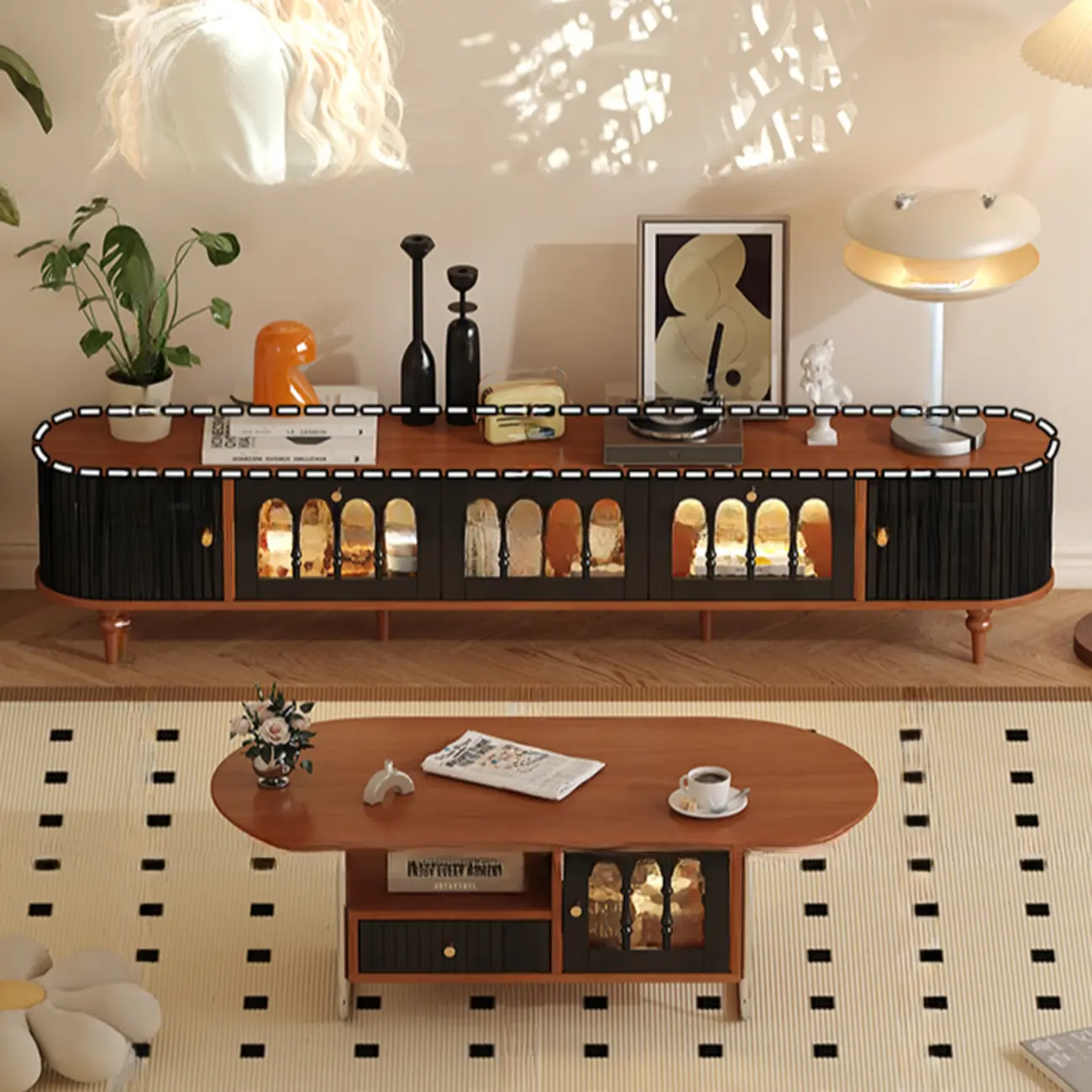 Warm Shaker Wood TV Stand with Cable Management & Light & 4-Cabinet/5 Cabinets/6 Cabinets | homeyfad