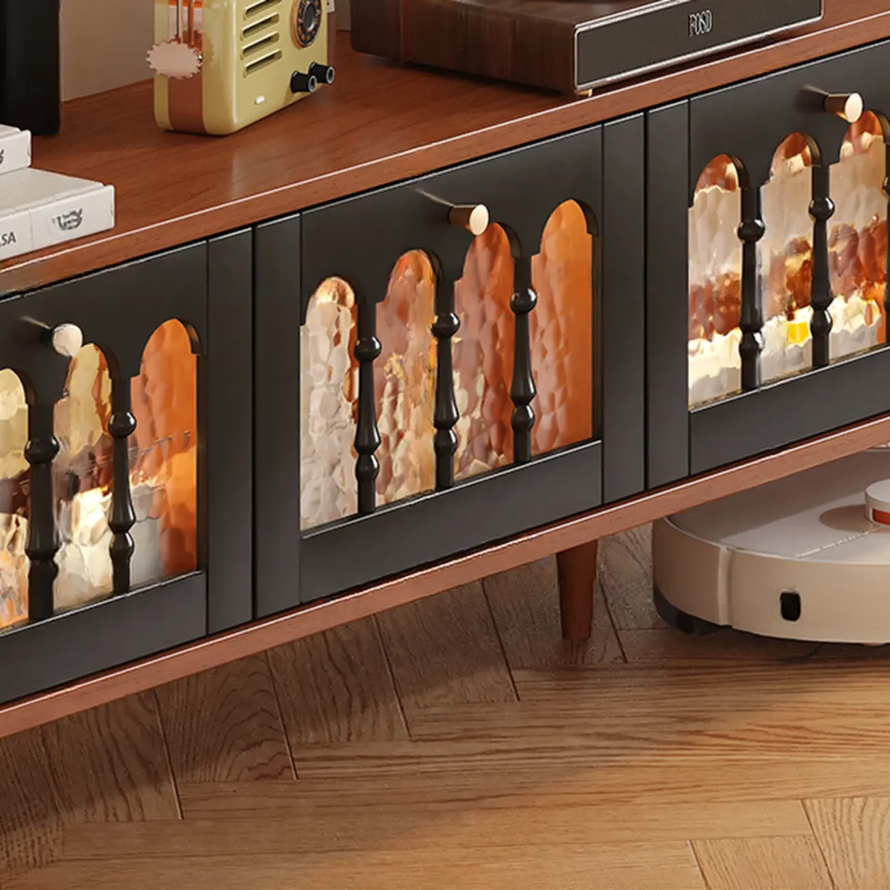 Warm Shaker Wood TV Stand with Cable Management & Light & 4-Cabinet/5 Cabinets/6 Cabinets | homeyfad