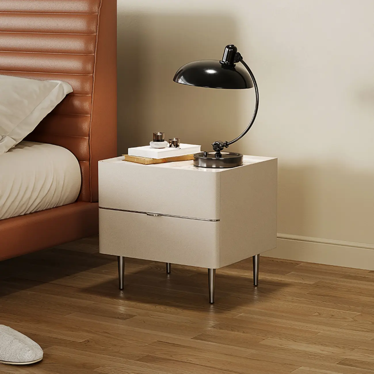 White Stone Top 2-Drawer Wood Square Nightstand Image - 2 | homeyfad