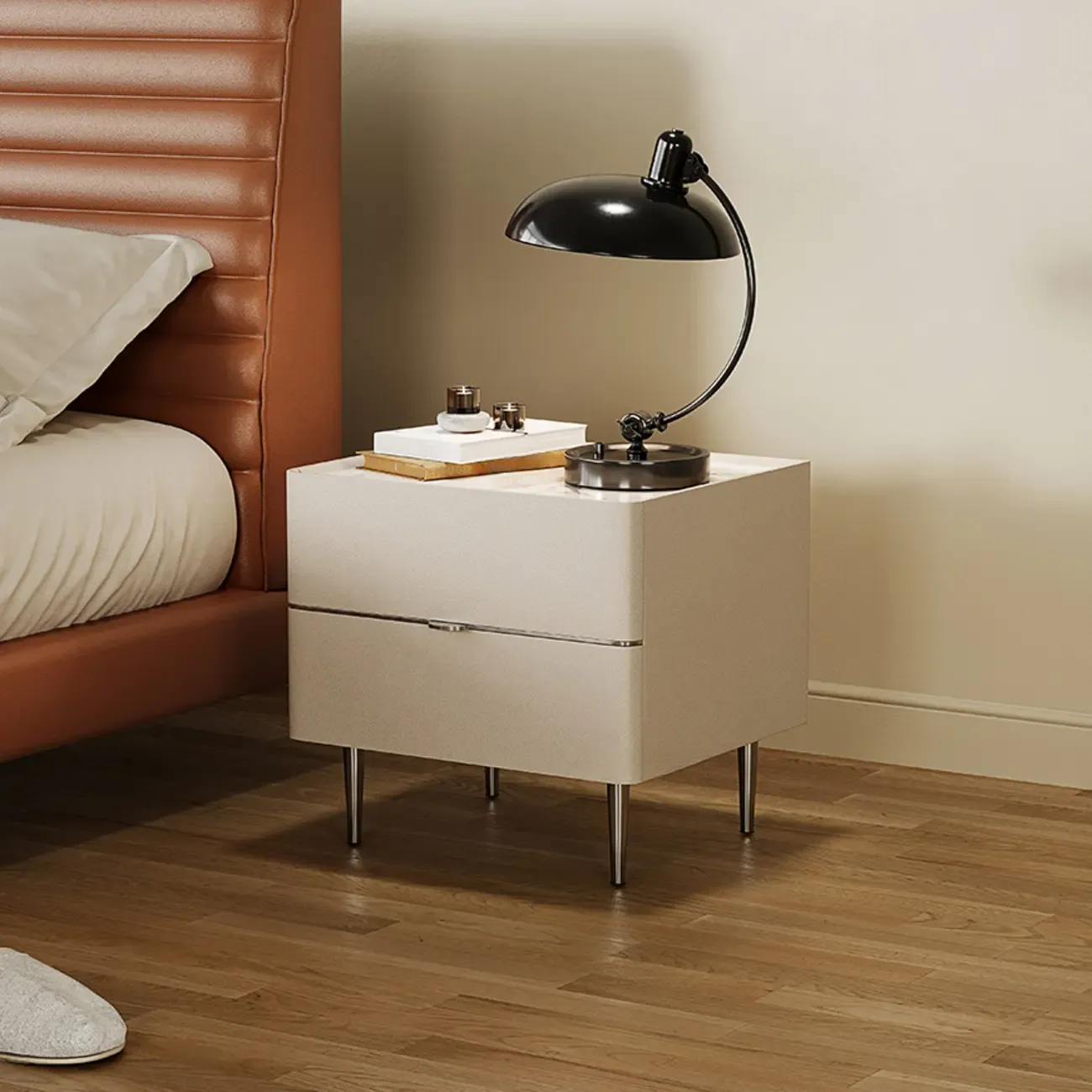 White Stone Top 2-Drawer Wood Square Nightstand Image - 2