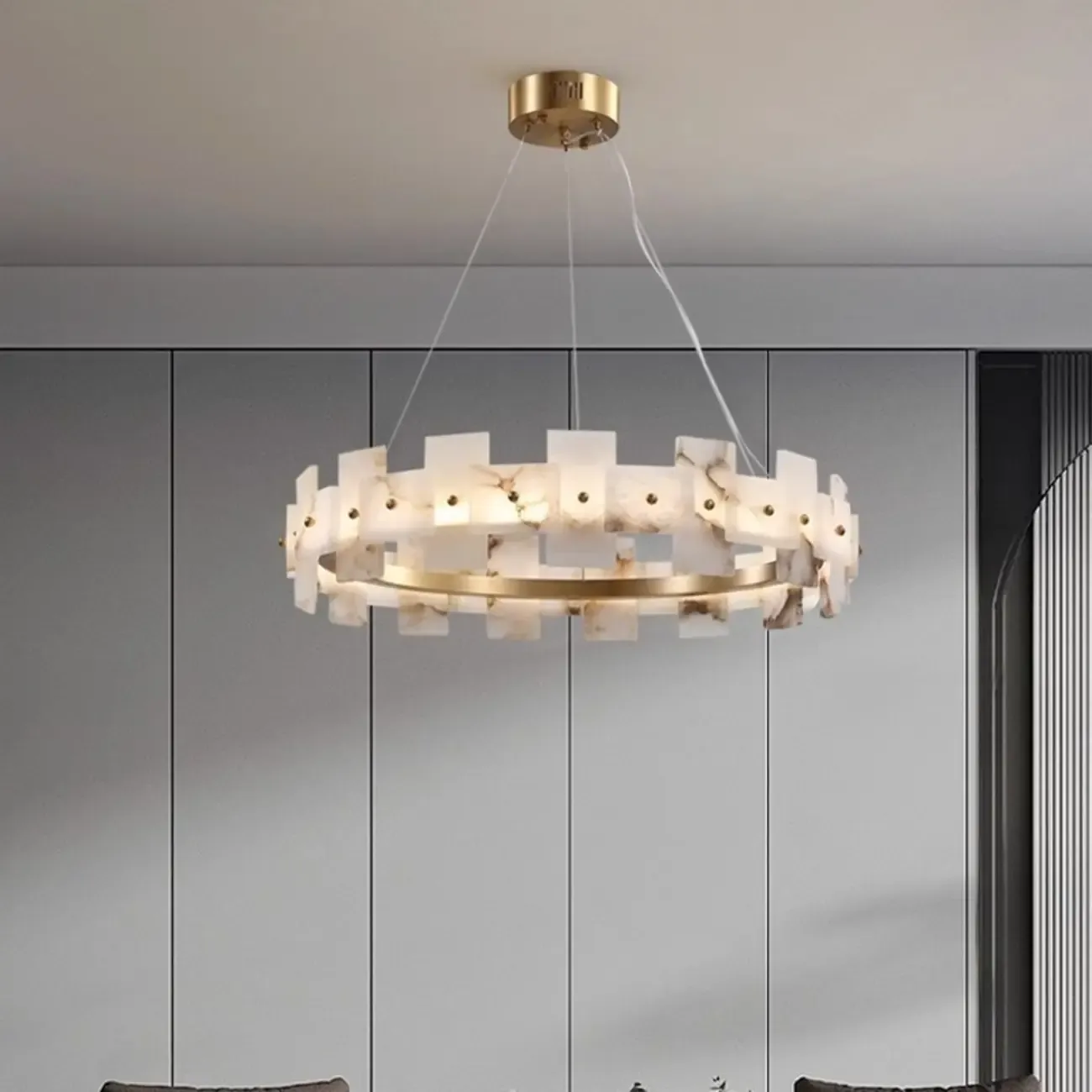 Geometric Gold-White 1-Tier Stone LED Chandelier Image - 1