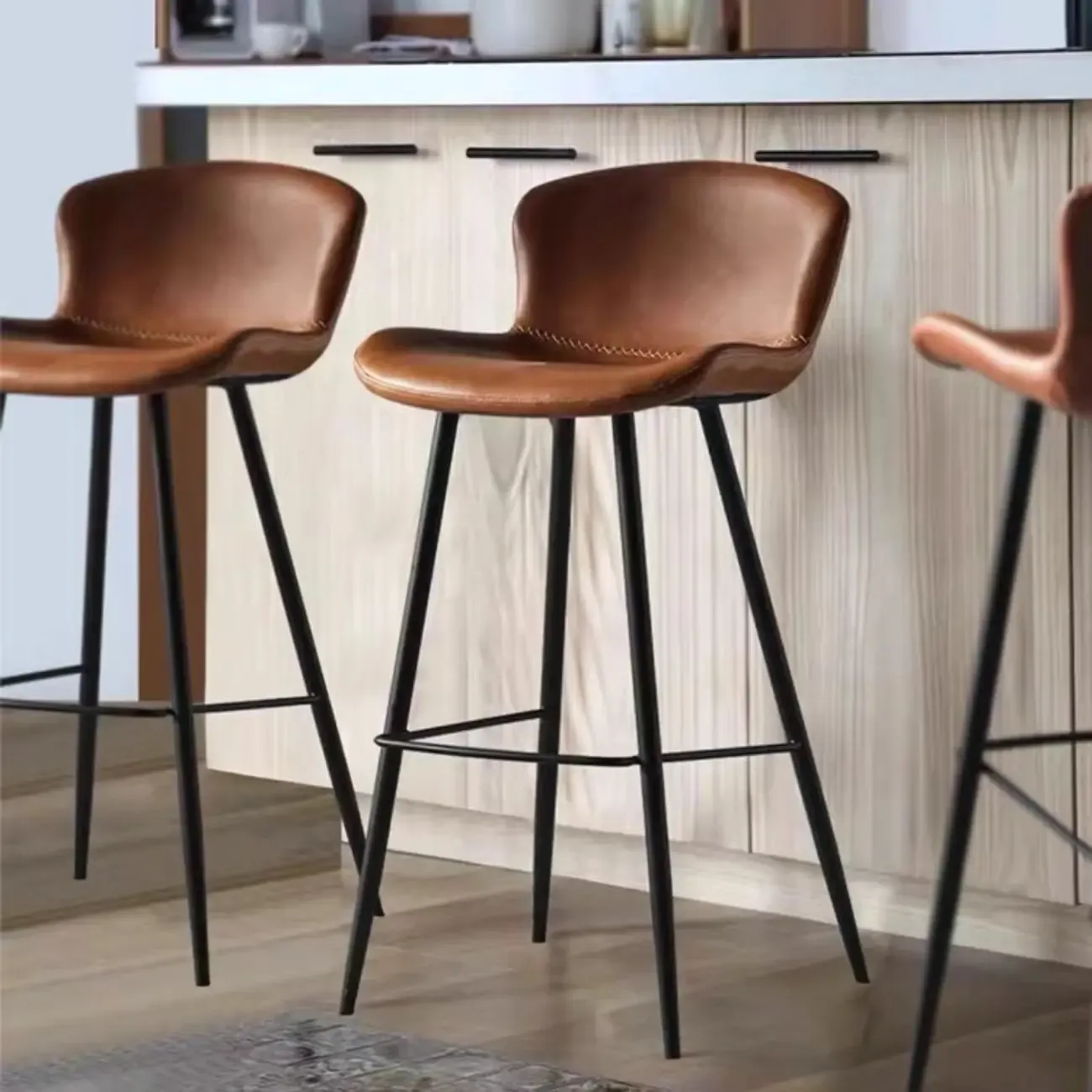 Brown Leather Saddle Seat Low Back Bar Stool Image - 1