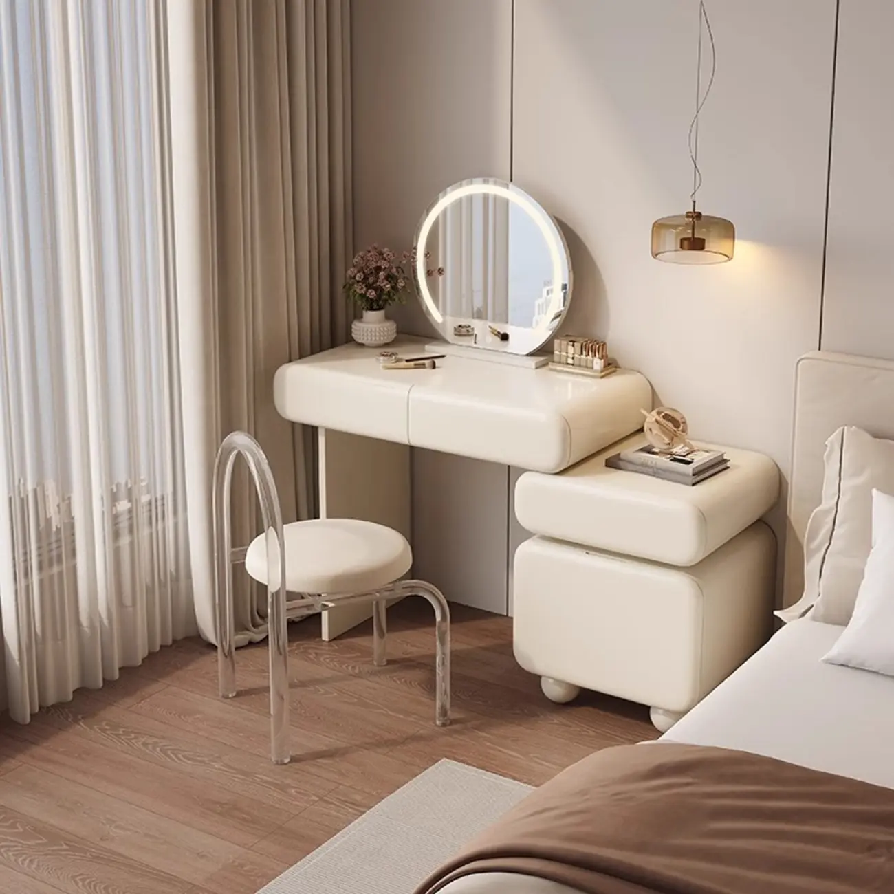 Modern Cream White Makeup Vanity with Mirror and Storage Image - 1 | homeyfad
