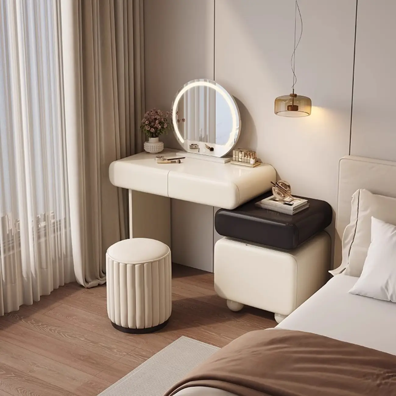Modern Cream White Makeup Vanity with Mirror and Storage Image - 2 | homeyfad