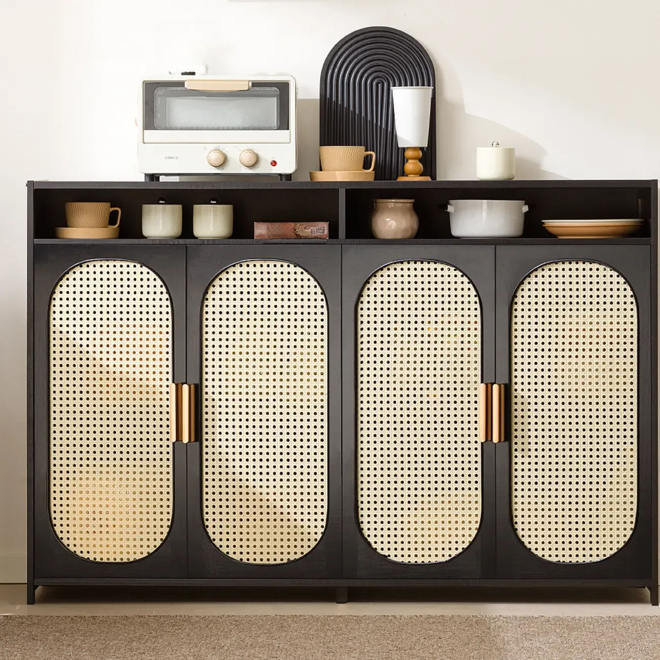 Narrow Rectangular Rattan Bamboo Sideboard with Open Shelf Image - 1