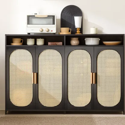 Narrow Rectangular Rattan Bamboo Sideboard with Open Shelf Image - 1