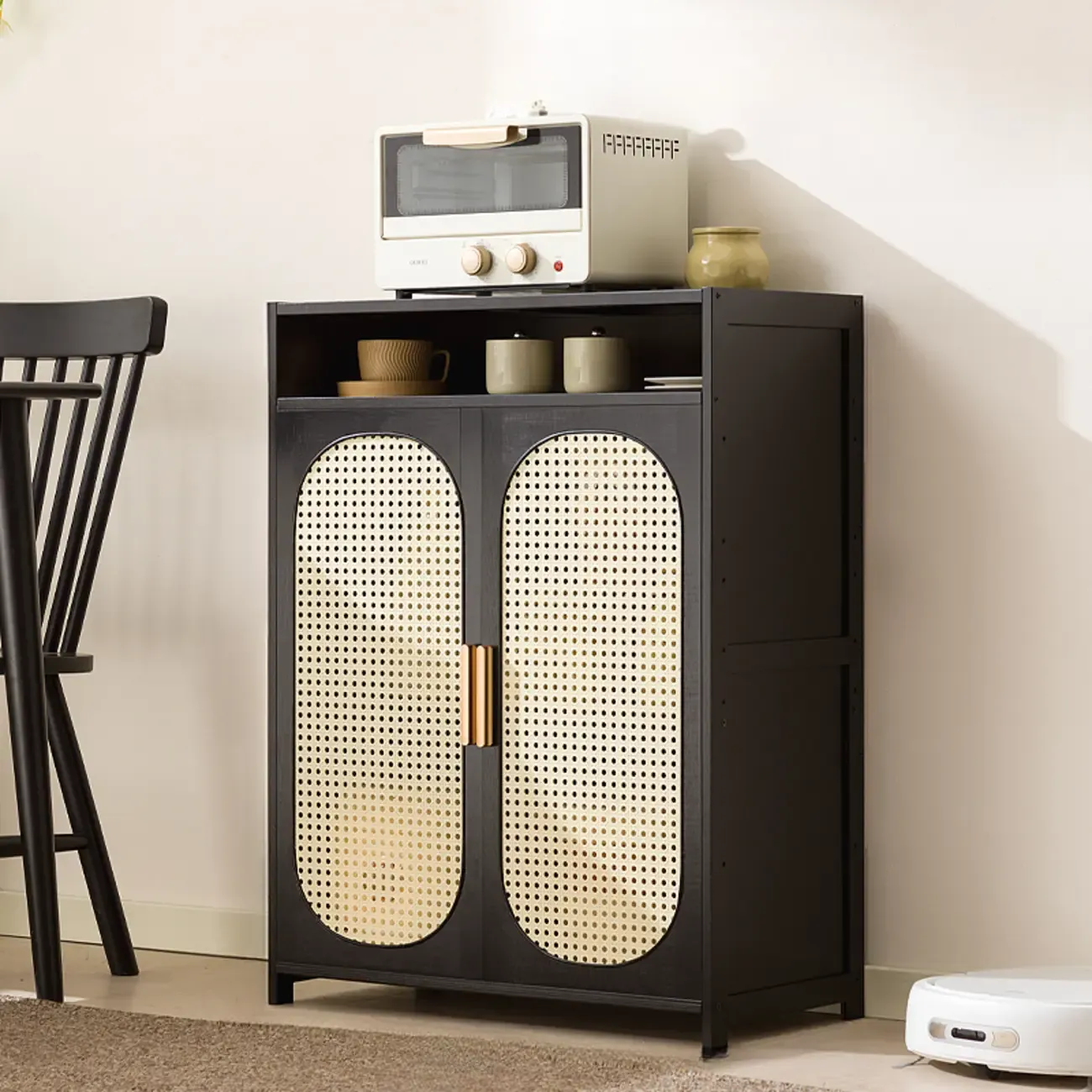 Narrow Rectangular Rattan Bamboo Sideboard with Open Shelf | HomeyFad
