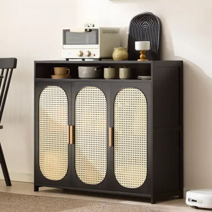 Narrow Rectangular Rattan Bamboo Sideboard with Open Shelf Image - 4