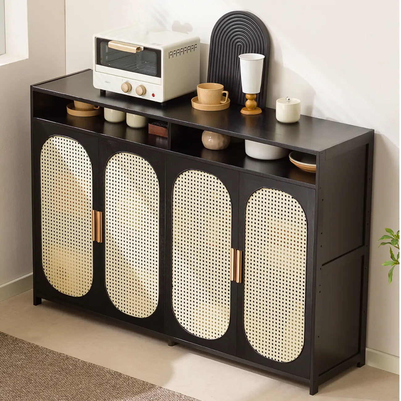 Narrow Rectangular Rattan Bamboo Sideboard with Open Shelf Image - 2 | homeyfad